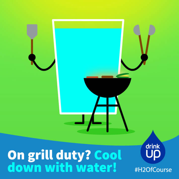 Drink Up Father's Day Facebook graphic with a glass of water grilling