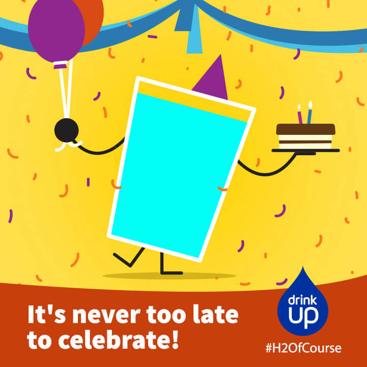 Drink Up Facebook graphic with an illustration of a glass having a birthday party