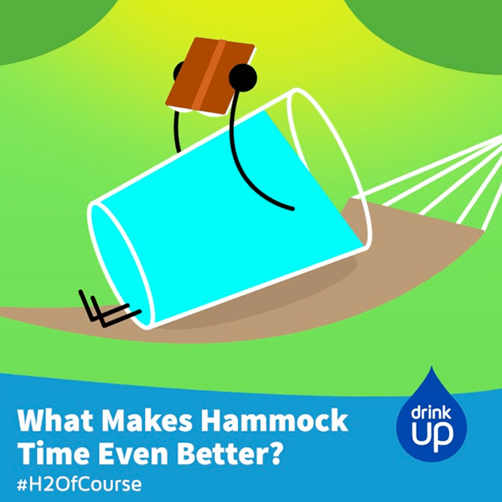 Drink Up illustrated Facebook graphic of a glass of water relaxing in a hammock