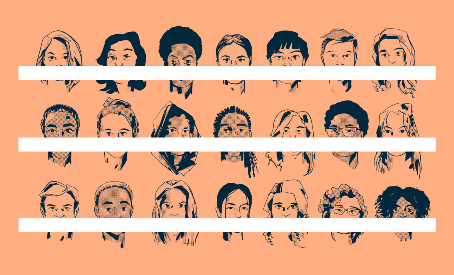 An illustration of female presenting people with a white bar over their mouths