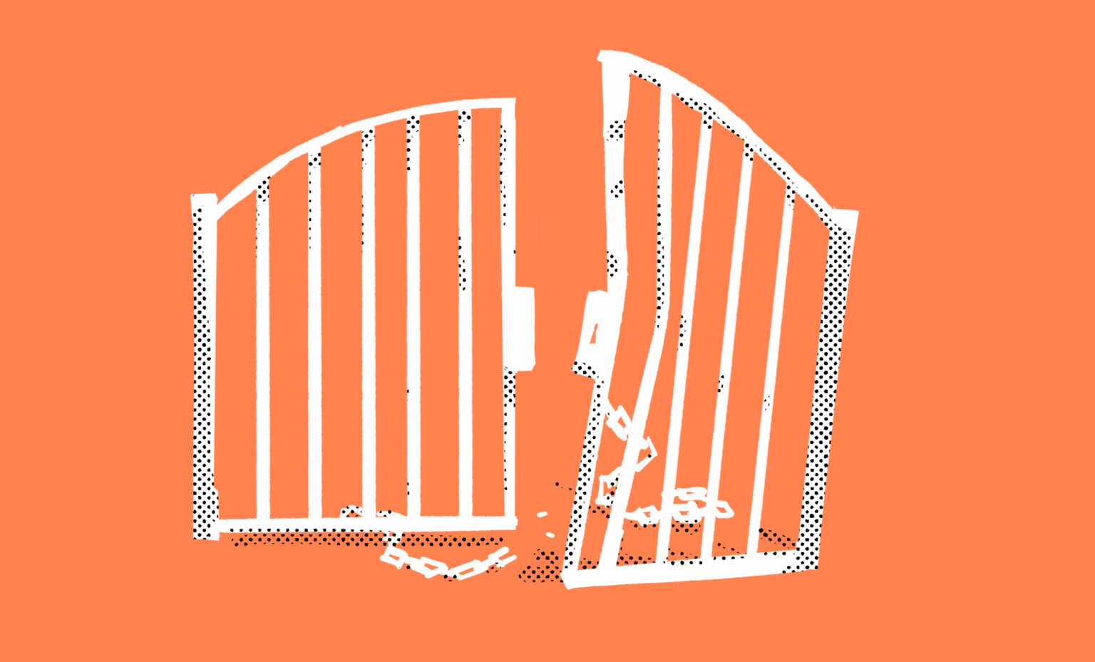 A white gate that's been broken open. It is on an orange background.
