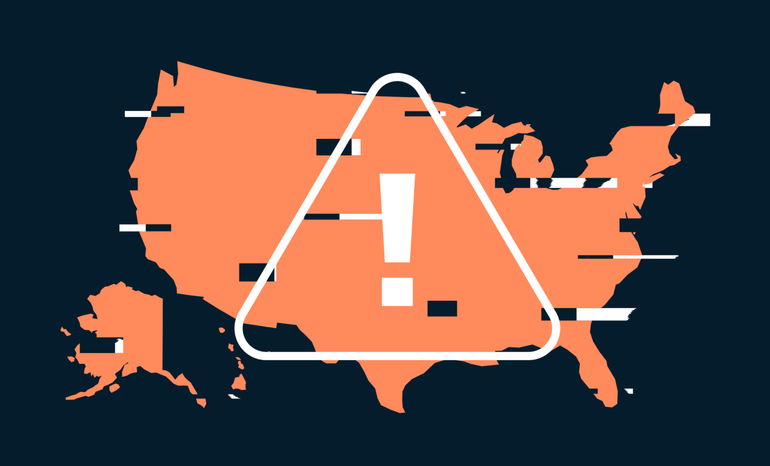 A map of the US with glitch effects. Overlaid on it is an exclamation point within a triangle.